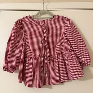 100% Cotton Red Gingham Front Tie Peplum Top Puff Sleeve